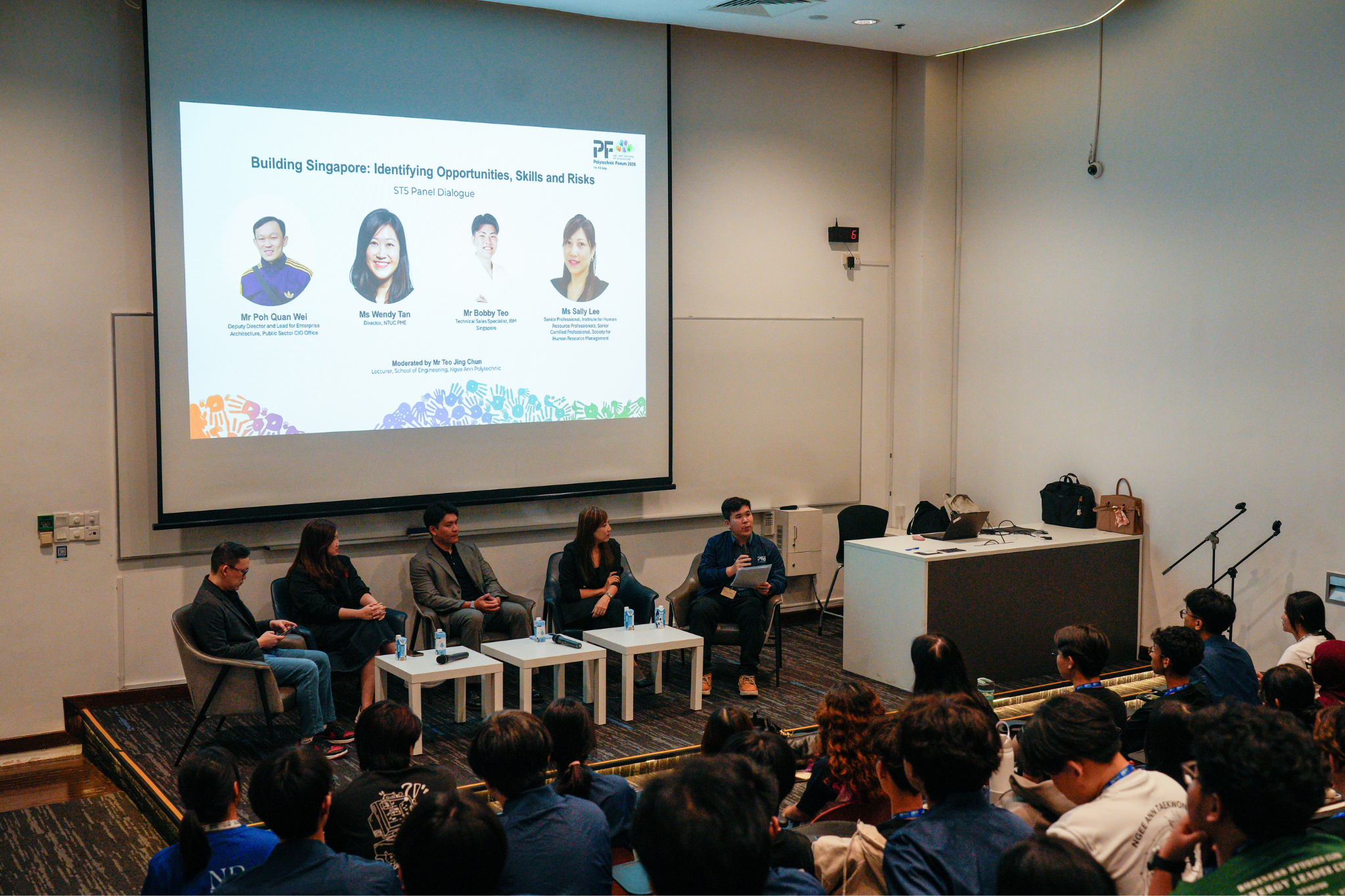 Student delegates attend the ST5 panel dialogue on identifying opportunities, skills and risks in Singapore’s future at Polytechnic Forum 2026.